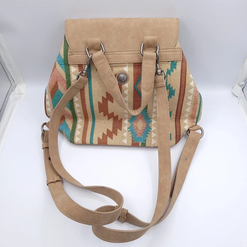 Justin Boots Southwestern Style Leather Backpack Purse Tan and Turquoise Bag